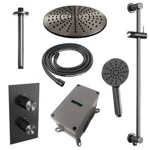 Regendoucheset Inbouw Brauer Gunmetal Carving Thermostatisch 30 cm met 3-Weg Omstelling, Plafondarm, Glijstang en Handdouche 3-Standen Geborsteld