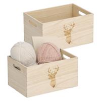 Opberg box/kist - 2x - naturel - hout - gestempeld hertenmotief - 30 x 20 x 16 cm