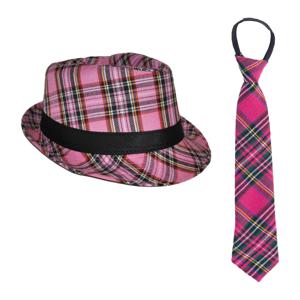 Carnaval Schotse ruit thema verkleed set - hoedje en stropdas - roze tartan - heren