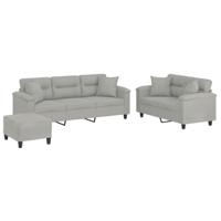 vidaXL 3-delige Loungeset met kussens microvezelstof lichtgrijs, fauteuil, 3-zitsbank, sofa, 2-zitsbank, bank, 2 zitsbank, zitbank, fauteuil stoel