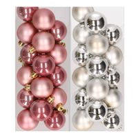 32x stuks kunststof kerstballen mix van oudroze en zilver 4 cm   -