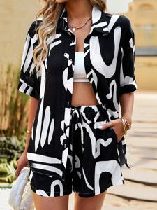 Shirt Collar Loose Casual Geometric Two-Piece Set