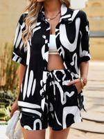 Shirt Collar Loose Casual Geometric Two-Piece Set - thumbnail