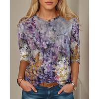 Dames T-shirt Afdrukken Dagelijks Casual Lange mouw Strakke ronde hals Paars Lente Herfst Lightinthebox