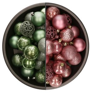 74x stuks kunststof kerstballen mix van salie groen en oudroze 6 cm