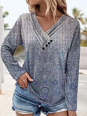 V Neck Buttoned Floral Casual Shirt