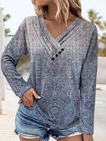 V Neck Buttoned Floral Casual Shirt