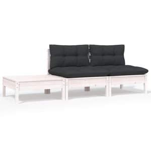 3-delige Loungeset met kussens massief grenenhout wit