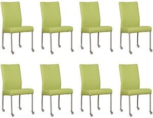 Set van 8 Felgroene leren moderne eetkamerstoelen Comfort - poot rond rvs met wiel - Hermes Leer Lime (felgroen leer)