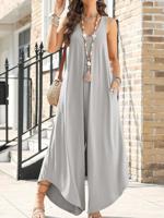 Plain Regular Fit Crew Neck Casual Jumpsuit