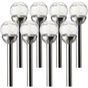 8x Buiten/tuin LED RVS bol stekers Navi solar verlichting 30 cm