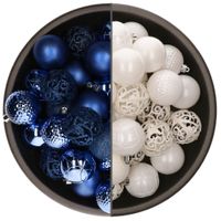 74x stuks kunststof kerstballen mix van wit en kobalt blauw 6 cm - thumbnail