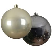 Grote decoratie kerstballen - 2x st - 20 cm- champagne en zilver -kunststof - thumbnail