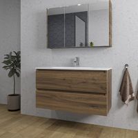 Adema Chaci Badkamermeubelset - 100x46x57cm - 1 ovale keramische wasbak wit - 1 kraangat - 2 lades - Spiegelkast - noten (hout) SW718698/SW718718/SW812068/SW812073