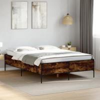 vidaXL Bedframe bewerkt hout metaal gerookt eikenkleurig 120x200 cm, bed, bed ombouw, twijfelaar bed, bedbodem, slaapkamermeubel, 2 persoonsbed