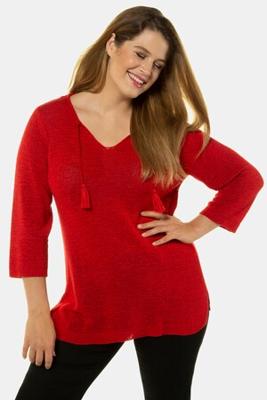 Ulla Popken Pullover, bindstrikje, tuniekhals, rechte 3/4 mouwen - Grote Maten