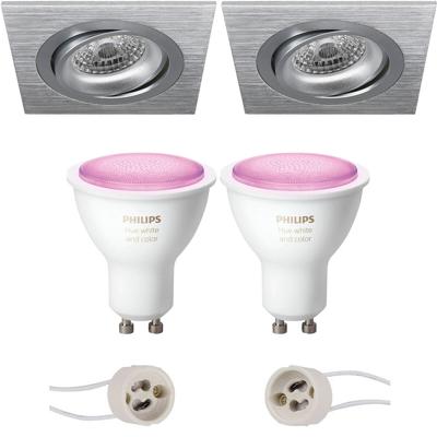 Pragmi Borny Pro - Inbouw Vierkant - Mat Zilver - Kantelbaar - 92mm - Philips Hue - Led Spot Set Gu10 - White And Color Pragmi Borny Pro - Inbouw Vierkant - Mat Zilver - Kantelbaar - 92mm - Philips Hue - Led Spot Set Gu10 - White And Color