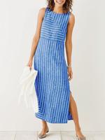 Crew Neck Women Slit Striped Dress - thumbnail