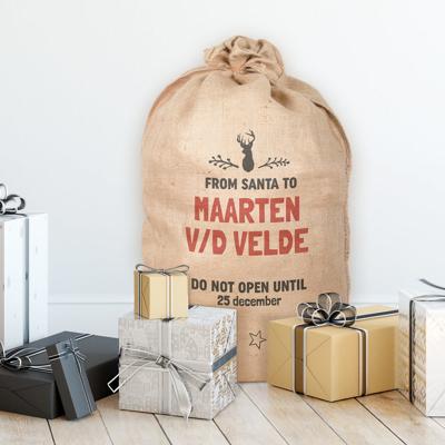 Jute kerstzak met naam bedrukt