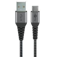 Goobay 49297 snellaadkabel, USB C naar USB A 60 W 20 V, extreem robuuste textielkabel, 480 Mbits oplaadkabel USB C, snellaadkabel, Samsung USB C-kabel 2 m, stoffen kabel grijs, 2 m