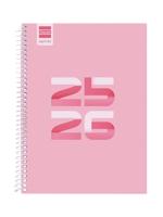 Finocam Cool kalender 2025/2026, weekoverzicht, landschapsformaat, september 2025 - juni 2026 (lesjaar), juli en augustus als overzicht, roze, Spaans