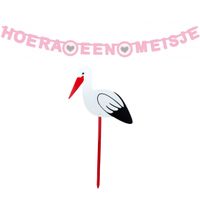 Geboorte versiering meisje - ooievaar geboorte bord - 100 cm hoog - letterslinger roze