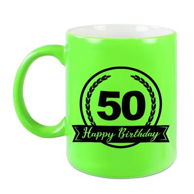 Happy Birthday 50 years met wimpel cadeau mok / beker neon groen 330 ml - Abraham / Sarah - feest mokken Happy Birthday 50 years met wimpel cadeau mok / beker neon groen 330 ml - Abraham / Sarah - feest mokken