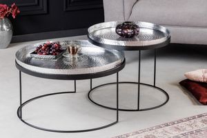 Set van 2 ronde salontafels ELEMENTS 60cm zilverzwart metalen dienblad bijzettafel - 42729