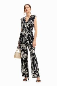 Lange jumpsuit met geïllustreerde bloemen - BLACK - XL