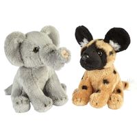 Safari dieren serie pluche knuffels 2x stuks - Olifant en Wilde Hond van 15 cm - thumbnail