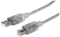 Manhattan USB-A naar USB-B-kabel, 1,8 m, mannelijk naar mannelijk, doorschijnend zilver, 480 Mbps (USB 2.0), Hi-Speed USB, levenslange garantie, polybag
