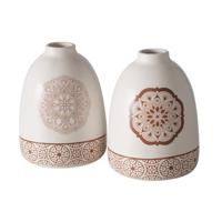 2 x vaas chakra keramiek hoogte 16 cm beige, bruin, wit, met ornament
