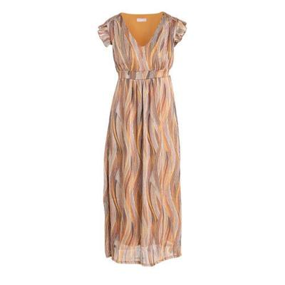 Cassis maxi jurk met all over print en ruches camel