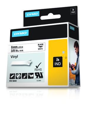 Labeltape DYMO IND RHINO 18443 Vinyl Tapekleur: Wit Tekstkleur:Zwart 9 mm 5.5 m