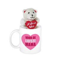 Moederdag cadeau hartje voor de liefste mama beker / mok 300 ml met beige knuffelbeertje met love ha