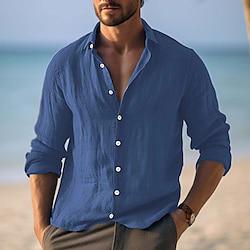 Voor heren Overhemd linnen overhemd Zomer overhemd Strand Kleding Overhemd met knopen Geel Marineblauw Paars Lange mouw Effen Strijkijzer Lente zomer Casual Dagelijks Kleding Lightinthebox