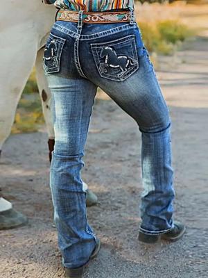 Loose Casual Embroidery Animal Embroidered Patch Pocket Mid Waist Bootcut Jeans Without Belt