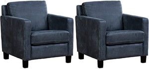 Set van 2 Blauwe leren landelijke fauteuils Smart - poot hout zwart - Kenia Leer Denim (blauw leer)