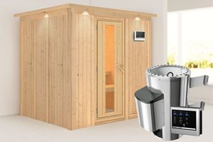 Karibu | Daria Sauna met Dakkraag | Energiesparende Deur | Kachel 3,6 kW Externe Bediening