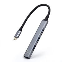 Ewent EW1145 USB C hub, 4 poorten Ultra Slim Data Hub met 3 USB A 2.0 poorten, 1 USB A 3.2 poort, Slim Type A Hub voor Macbook Pro/Air, laptop, PS5/PS4 en Mac OS, Windows, Android aluminium