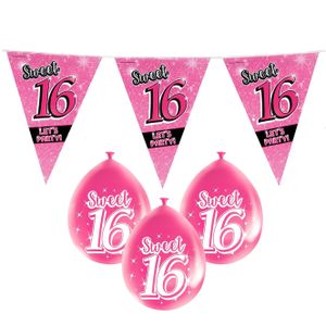 Sweet 16/Sixteen versiering pakket vlaggetjes/ballonnen roze