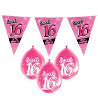 Sweet 16/Sixteen versiering pakket vlaggetjes/ballonnen roze - thumbnail