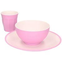 Set van 6x onbreekbare kunststof/melamine roze ontbijt bordjes/bekers en kommetjes   -