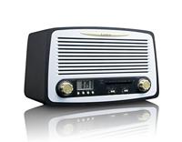 Lenco Retro Radio SR-02 Vintage Stereo met FM-tuner, LCD-display en wekfunctie (houten behuizing, AUX), zwart/wit