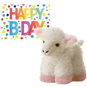 Pluche knuffel lammetje/schaap 20 cm met A5-size Happy Birthday wenskaart