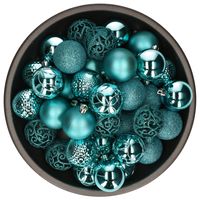 37x stuks kunststof kerstballen turquoise blauw 6 cm glans/mat/glitter mix - thumbnail