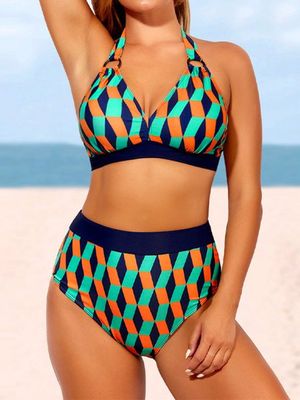 Printing Plaid V Neck Vacation Bikini