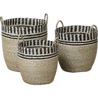 Set van 3 Manden - Zeegras - Wasmanden - Ronde Opbergmanden - Zwart - Naturel - Plantenmand - Tijdschriftenmand - Gewoven Manden - Natuurlijke look - Natuurlijk materiaal