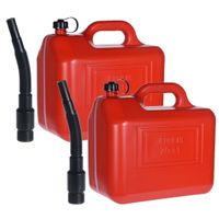 Jerrycan/benzinetank - 2x - 20 liter - rood - kunststof - met lange schenktuit