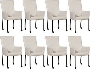 Set van 8 Crème leren moderne eetkamerstoelen Deal - met armleuning poot vierkant zwart met wiel - Toledo leer Misty (crème leer)